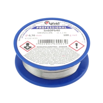 Cyna lutownicza z topnikiem SW26 - 0.7mm - spoiwo Sn60Pb40 Cynel 100g