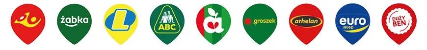 Punkty odbioru Pocztex: Żabka, Lewiatan, ABC, Groszek, Arhelan, Euro Sklep, Duży Ben