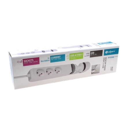 Listwa zasilająca 3 gniazda + 3× USB, przewód 1,5 m, 16 A, 3G1,5, podblatowa, z uziemieniem, biała, DPM