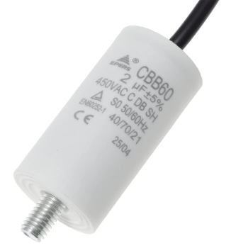 Kondensator rozruchowy do silnika 2uF 450VAC, przewody 15cm, 30x57mm