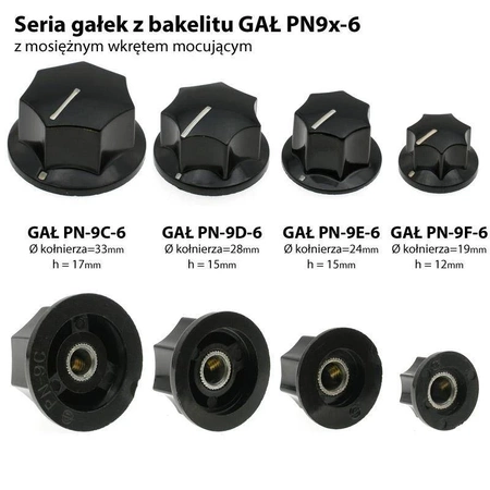 Gałka z kołnierzem, oś 6mm, fi28x15mm, czarna