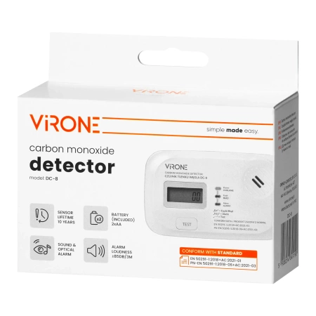 Czujnik czadu, LCD, 2 x AA, sensor 10 lat, VIRONE DC-8