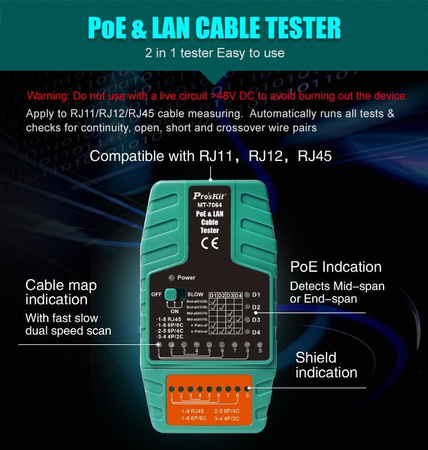 Tester LAN + PoE (RJ45, RJ11, RJ12), Proskit MT-7064