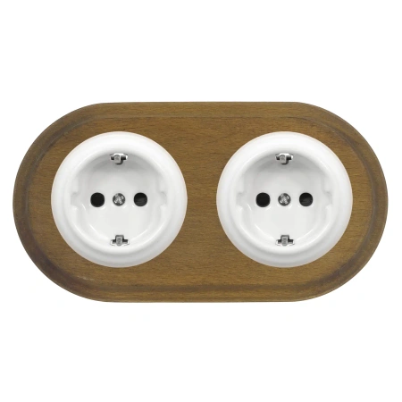 2x Gniazdko elektryczne Schuko okrągłe białe z ramką podwójną ciemne drewno, montaż podtynkowy, Ceramic Loft
