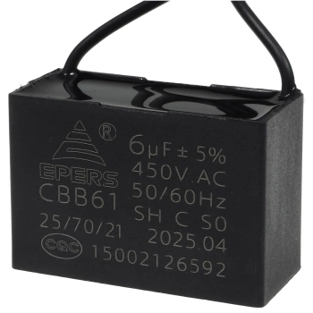 Kondensator rozruchowy do silnika 6uF 450VAC, przewody 20cm, 48x20x31mm