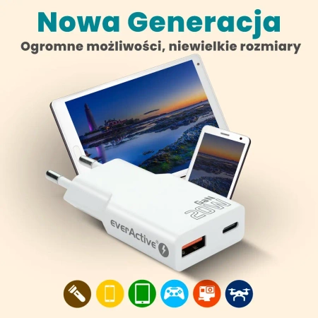 Ładowarka sieciowa everActive GaN USB szybkie ładowanie QC3.0 + USB-C PD 30W SUPER SLIM SC-380Q