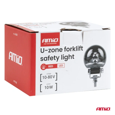 Lampa bezpieczeństwa LED U-zone do wózka widłowego – czerwona strefa „U”, 10W, 10–80V, IP6K9K AMIO-04867