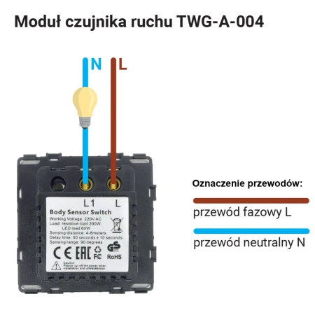 Czujnik ruchu PIR 200W (60W LED) grafitowy podtynkowy (moduł bez ramki) - TAWOIA Glass