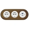 2x Gniazdko Schuko okrągłe + Gniazdko USB A+C 4A białe z ramką potrójną ciemne drewno, montaż podtynkowy, Ceramic Loft