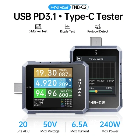 Tester USB-C PD 3.1 240W – miernik napięcia i prądu USB, tester kabli E-Marker – FNIRSI FNB-C2