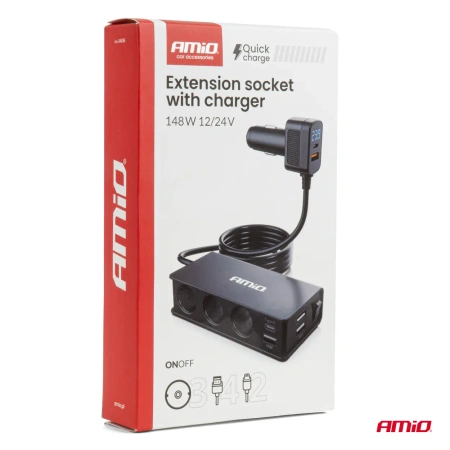 Rozgałęziacz gniazda zapalniczki 12/24V – 3x gniazdo + 3x USB-A + USB-C PD, 148W, ON/OFF AMIO-04836