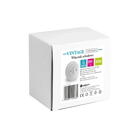 Włącznik światła schodowy z ramką, ceramiczny, montaż podtynkowy, kolor biały Ceramic Loft