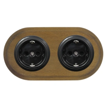2x Gniazdo elektryczne Schuko okrągłe czarne z ramką podwójną ciemne drewno, montaż podtynkowy, Ceramic Loft