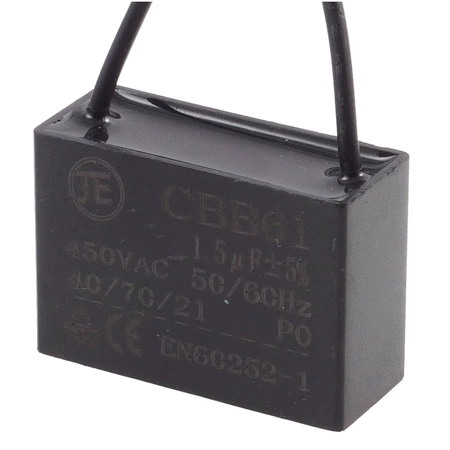Kondensator rozruchowy do silnika 1,5µF 450VAC, CBB61, przewody ok. 10 cm, 37 × 15 × 26 mm