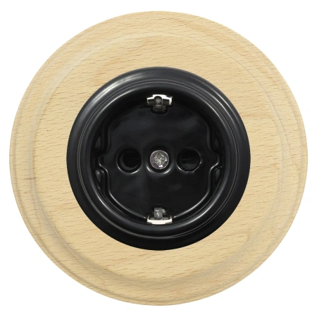 Gniazdo elektryczne Schuko okrągłe czarne z ramką jasne drewno, montaż podtynkowy, Ceramic Loft