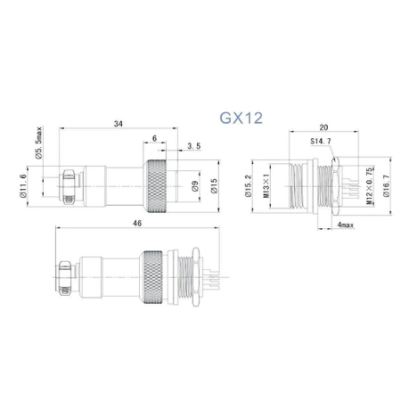 Gniazdo + wtyk na panel, seria C01 (GX12), dł. 46mm / 3 pin