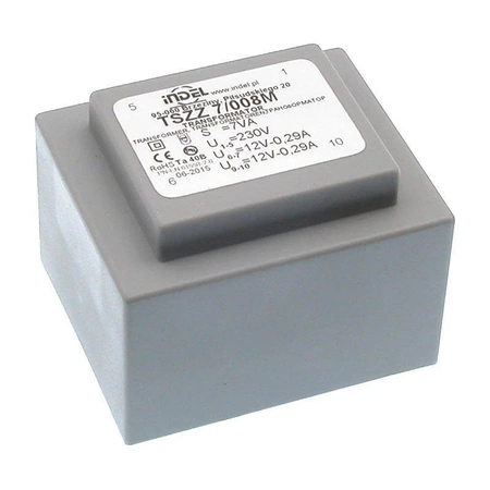 Transformator sieciowy zalewany TSZZ 7/008M, 7VA, 12V + 12V, 0,29A, rdzeń EI 42/14, do druku, Indel