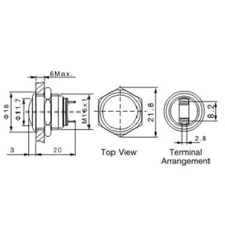 Przycisk wandaloodporny 16mm wypukły stalowy, wyprowadzenia do lutowania