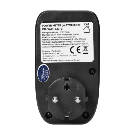 Watomierz, licznik zużycia energii z wyświetlaczem LCD czarny, OR-WAT-419/B ORNO