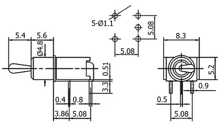 Przełącznik ON-ON SPDT 3P pojedynczy mały kątowy, SMTS-102