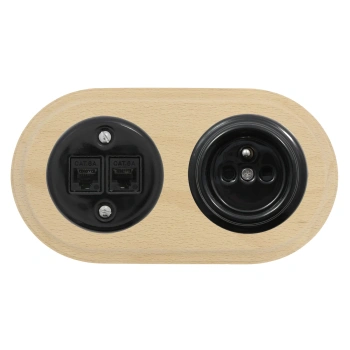 Gniazdo Ethernet Cat6 x2 + Gniazdo elektryczne okrągłe czarne z ramką podwójną jasne drewno, montaż podtynkowy, Ceramic Loft