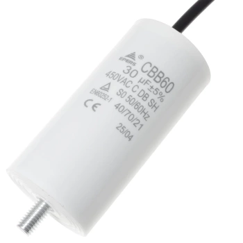 Kondensator rozruchowy do silnika 30uF 450VAC, przewody 15cm, 45x90mm