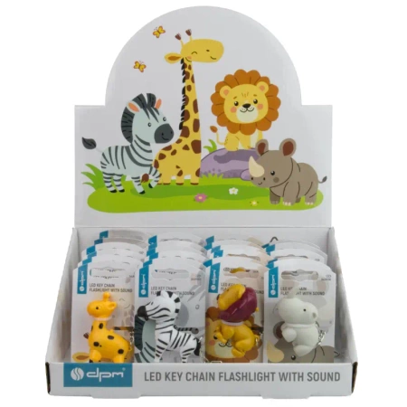 Latarka LED brelok z dźwiękiem – zwierzaki SAFARI: żyrafa, lew, nosorożec, zebra