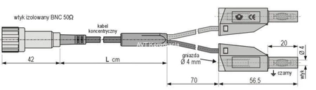 Kabel koncentryczny 50om z izolowanym wtykiem BNC + 2 wtyki bezpieczne 4mm z dodatkowym gniazdem 4mm, czarny 1m