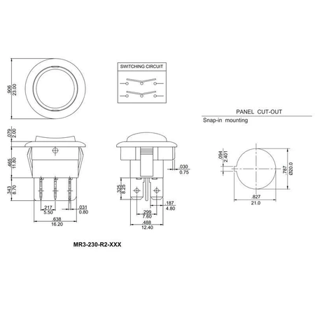 Przełącznik klawiszowy ON-OFF-ON MR3230R6BBNWC, okrągły, czarny bez podświetlenia, Canal