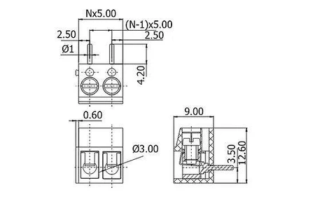 Złącze śrubowe 2 pola, raster 5, h=9mm kątowe DG300
