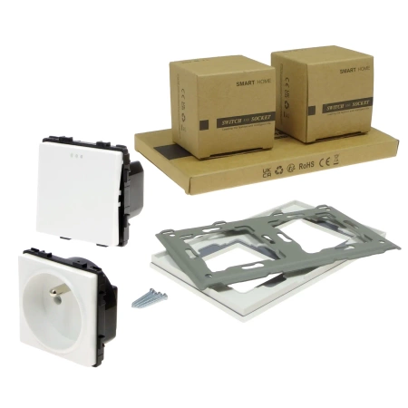 Włącznik światła + gniazdo elektryczne z ramką szklaną podwójną - biały - Tawoia Glass