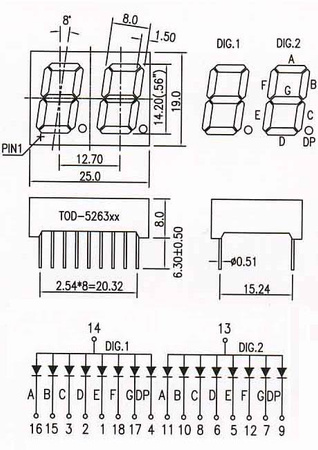 Wyświetlacz LED 7 segmentowy 0.56'' 14.2mm, 2 znaki, biały, WA