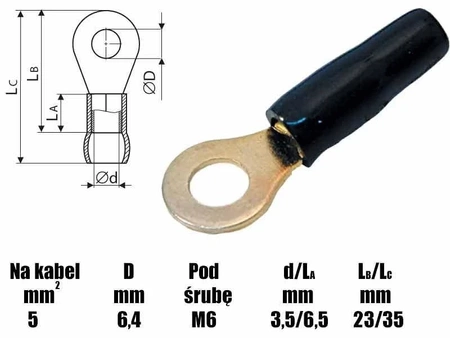 Końcówka oczkowa M6 izolowana, 6.4mm, złocona, na przewód 6mm, SGE czarny