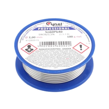 Cyna lutownicza z topnikiem SW26 - 2mm - spoiwo Sn60Pb40 Cynel 100g