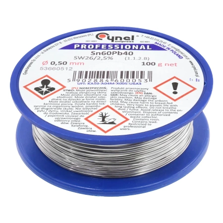 Cyna lutownicza z topnikiem SW26 - 0.5mm - spoiwo Sn60Pb40 Cynel 100g
