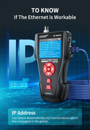 Tester LAN RJ45, RJ11, BNC, szukacz par przewodów, test ping, LCD, Noyafa NF-8601W