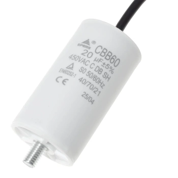 Kondensator rozruchowy do silnika 20uF 450VAC, przewody 15cm, 40x70mm