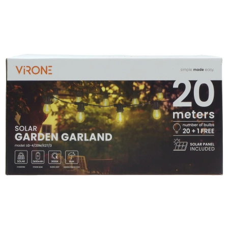 Solarna girlanda oświetleniowa 20m + 20 żarówek LED E27, 3000K Virone LG-4