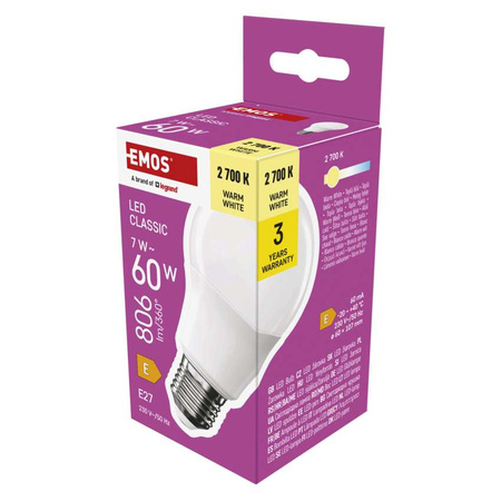 Żarówka LED E27 bańka A60, 7 W, odpowiednik 60 W, ciepła biel, 806 lm, EMOS ZAR-E-ZQ5E41