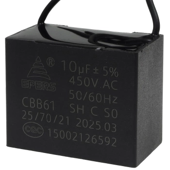 Kondensator rozruchowy do silnika 10uF 450VAC, przewody 20cm, 48x26x38mm