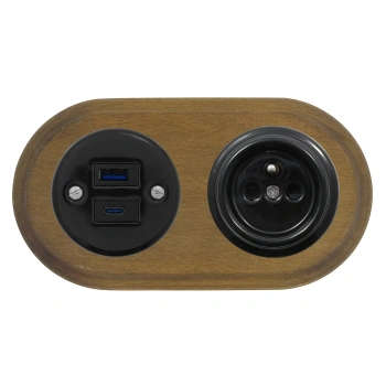 Gniazdo USB A+C 4A + Gniazdo elektryczne okrągłe czarne z ramką podwójną ciemne drewno, montaż podtynkowy, Ceramic Loft