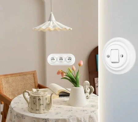 Włącznik światła schodowy ceramiczny, okrągły podtynkowy biały Ceramic Loft