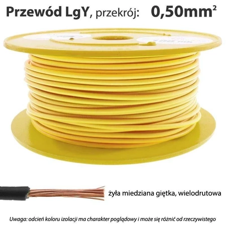 Przewód instalacyjny miedziany jednożyłowy LgY 0,50 mm2, linka giętka, żółty