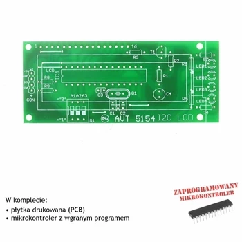 Wyświetlacz LCD sterowany I2C, PCB i mikroprocesor do projektu AVT5154