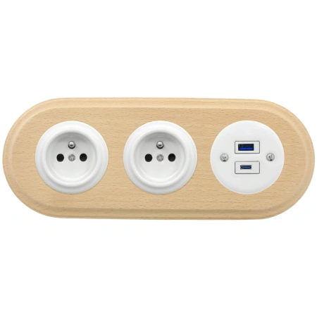 2x Gniazdko elektryczne okrągłe + Gniazdko USB A+C 4A białe z ramką potrójną jasne drewno, montaż podtynkowy, Ceramic Loft