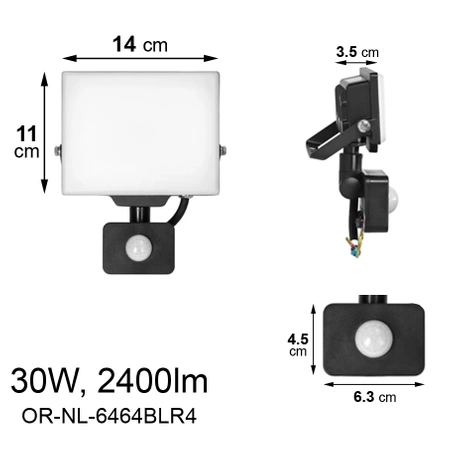 Naświetlacz bezramkowy z PIR 30W, 2400lm, IP44, 4000K, PORTO S
