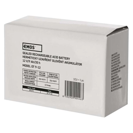 Akumulator AGM bezobsługowy, 12 V, 9 Ah, 151 × 65 × 94 mm, 2,42 kg, EMOS B9675