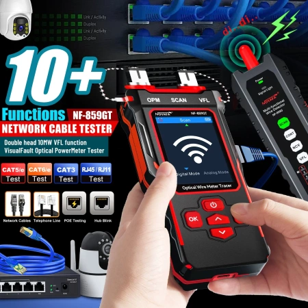Profesjonalny tester kabli Ethernet i światłowodowych z funkcjami VFL, OPM, PoE oraz zaawansowaną diagnostyką NOYAFA NF-859GT