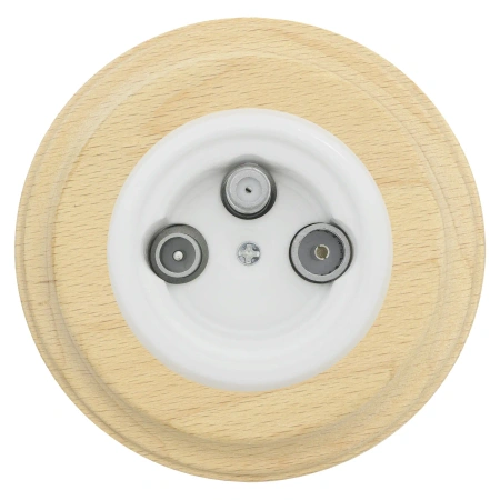 Gniazdo TV/SAT okrągłe białe z ramką jasne drewno, montaż podtynkowy, Ceramic Loft