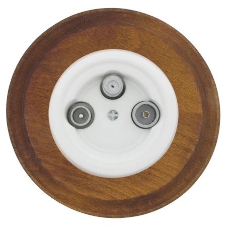 Gniazdo TV/SAT okrągłe białe z ramką ciemne drewno, montaż podtynkowy, Ceramic Loft
